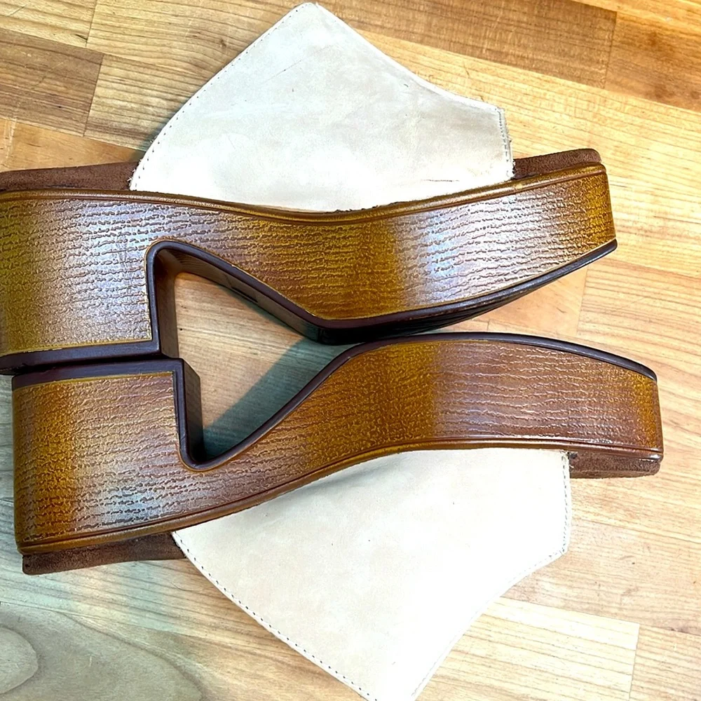 House of Harlow 1960 Griffin Ivory Leather Chunky Platform Brown Slide Sandals - Picture 2 of 14